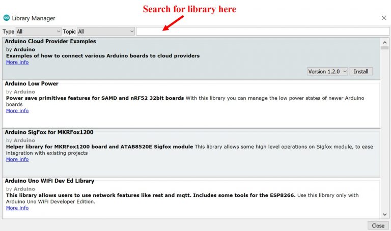 thư viện tìm kiếm Arduino IDE